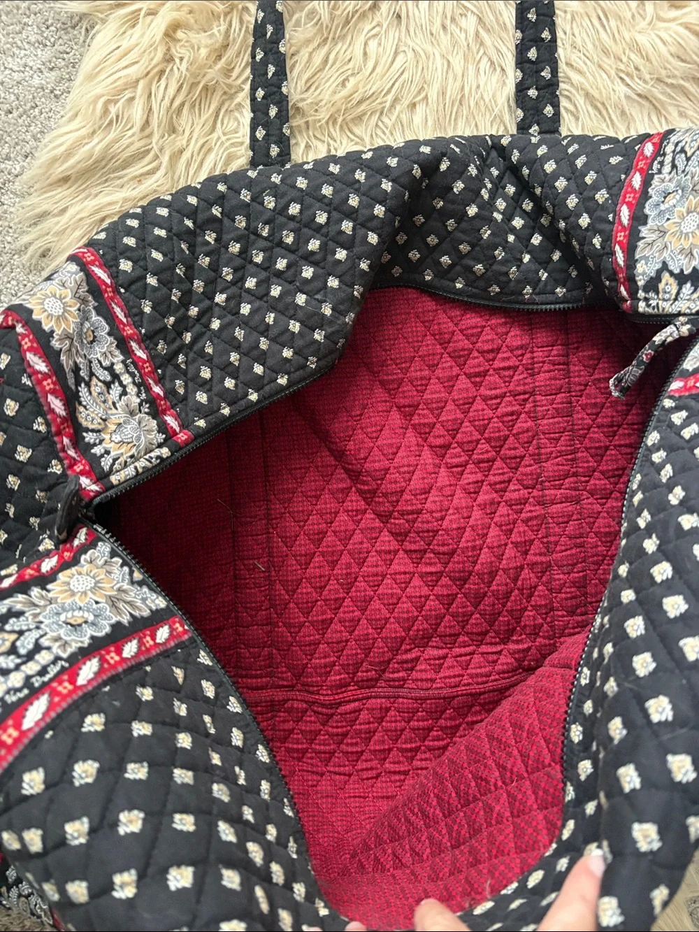Vera Bradley Black Quilted Tote with Red and Cream Floral Trim